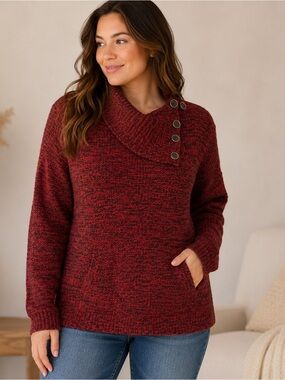 Style & Co Petite Large Red Black Knit Button Cowl Neck Sweater Kangaroo Pocket